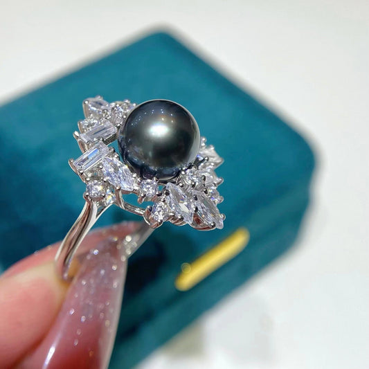 9-10mm Sparkle Tahitian Pearl Ring, S925 Sliver Setting