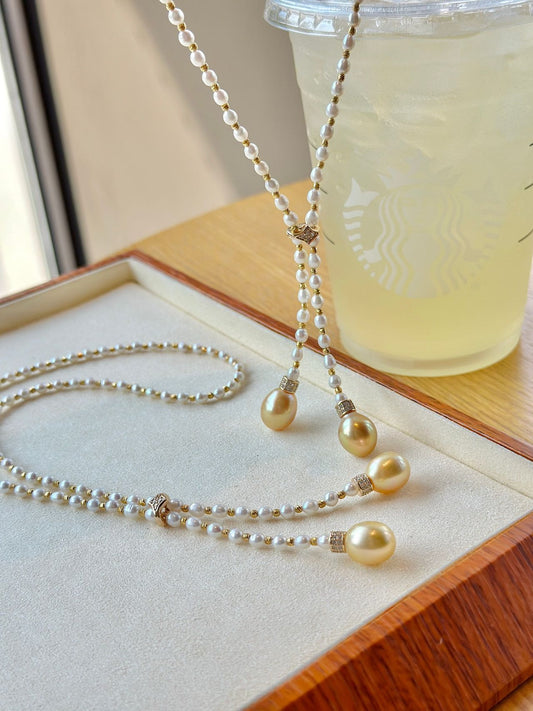 3-4mm Baby Freshwater pearls+10-11mm Baroque Golden Sea Pearl Necklace, S925 sliver Setting