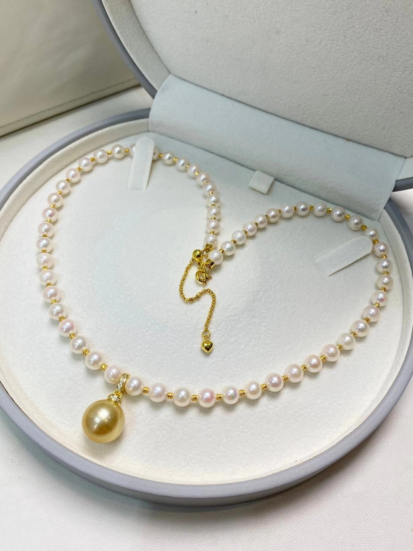 5-6mm Freshwater Akoya Pearl Necklace+12-13mm Golden Pearl Pendent, S925 Sliver Setting