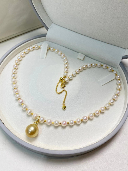 5-6mm Freshwater Akoya Pearl Necklace+12-13mm Golden Pearl Pendent, S925 Sliver Setting