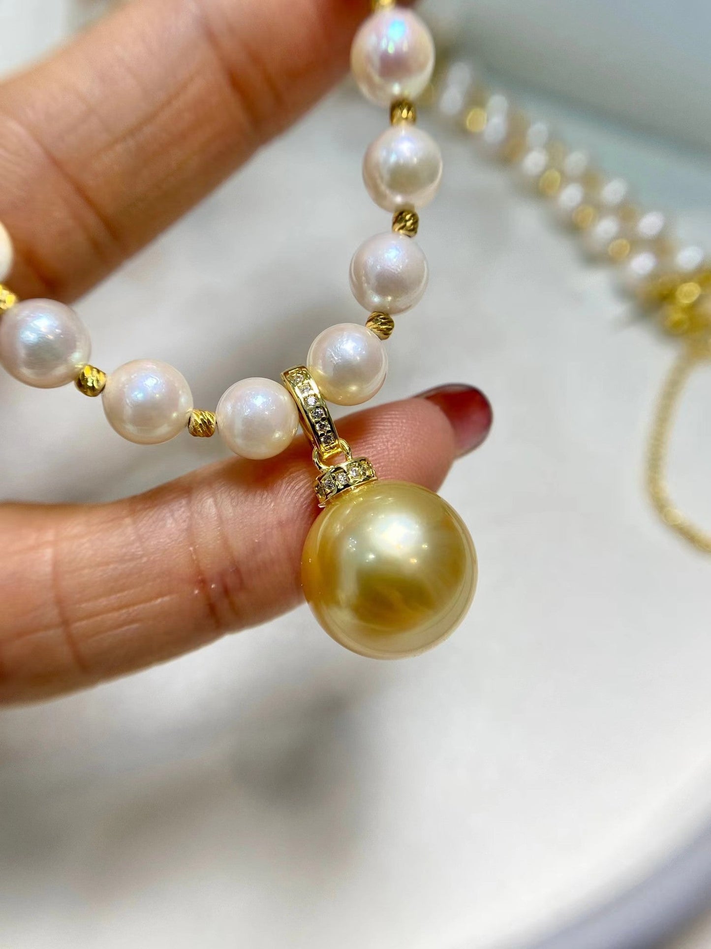 5-6mm Freshwater Akoya Pearl Necklace+12-13mm Golden Pearl Pendent, S925 Sliver Setting