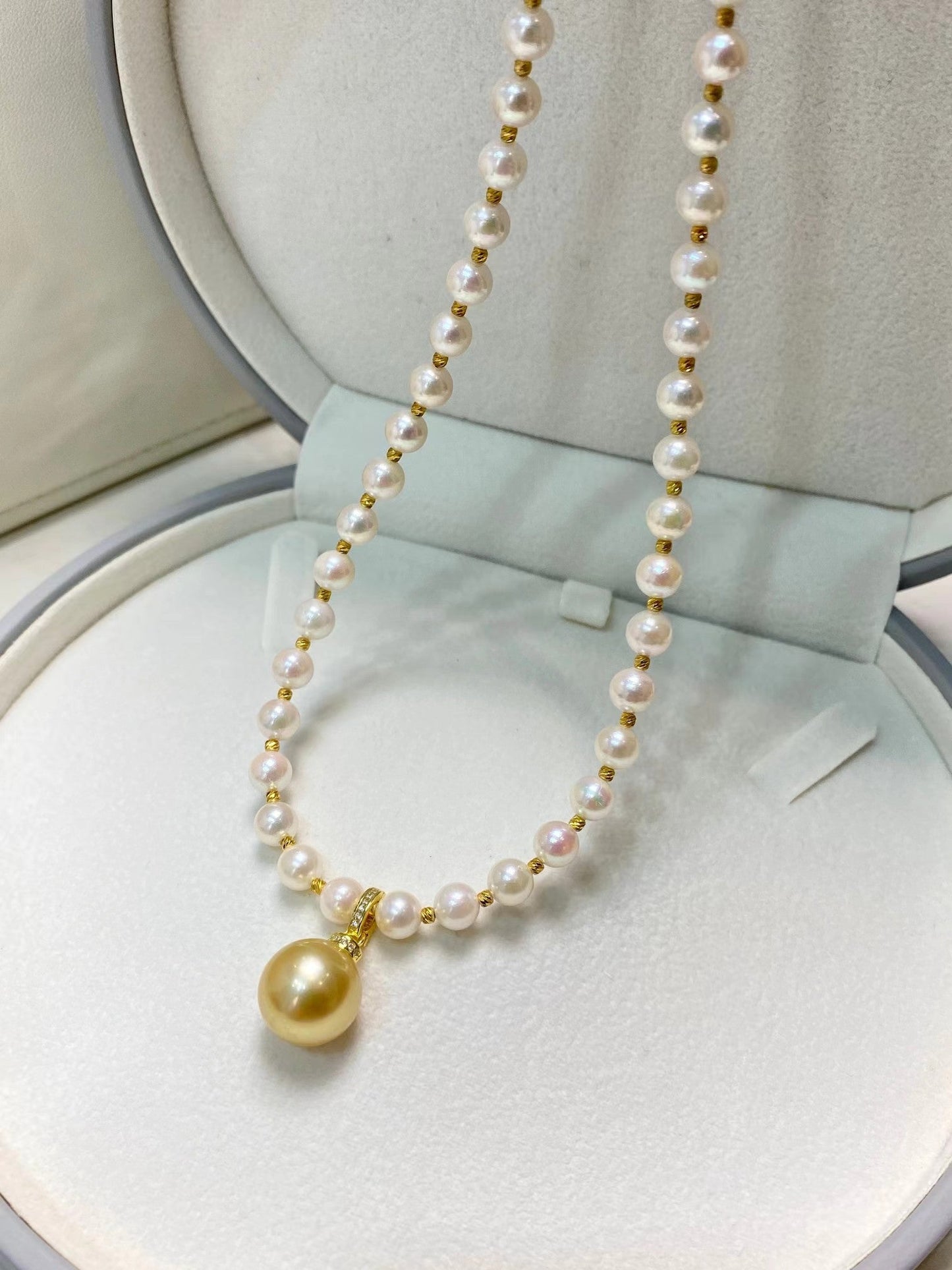 5-6mm Freshwater Akoya Pearl Necklace+12-13mm Golden Pearl Pendent, S925 Sliver Setting