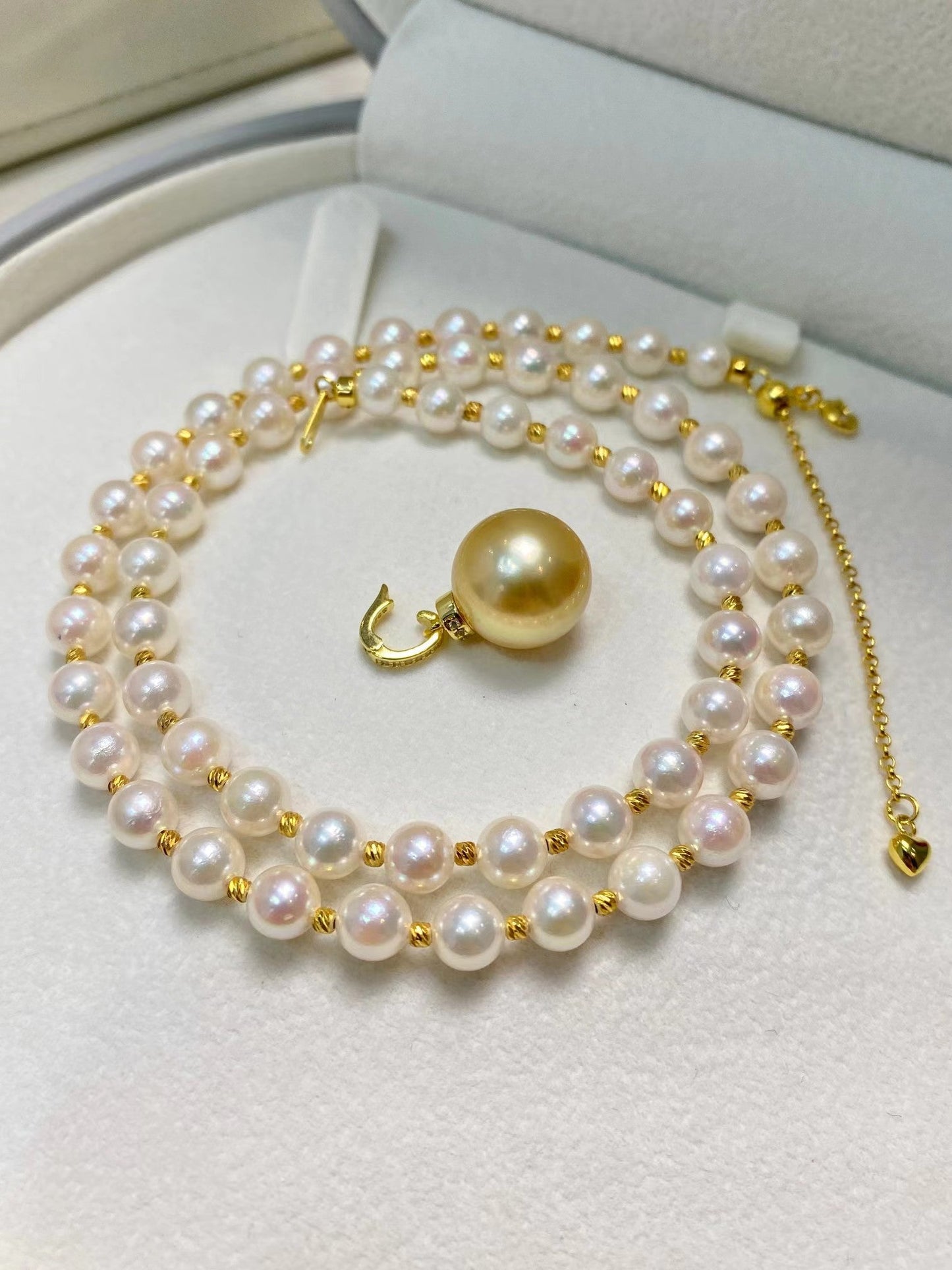 5-6mm Freshwater Akoya Pearl Necklace+12-13mm Golden Pearl Pendent, S925 Sliver Setting