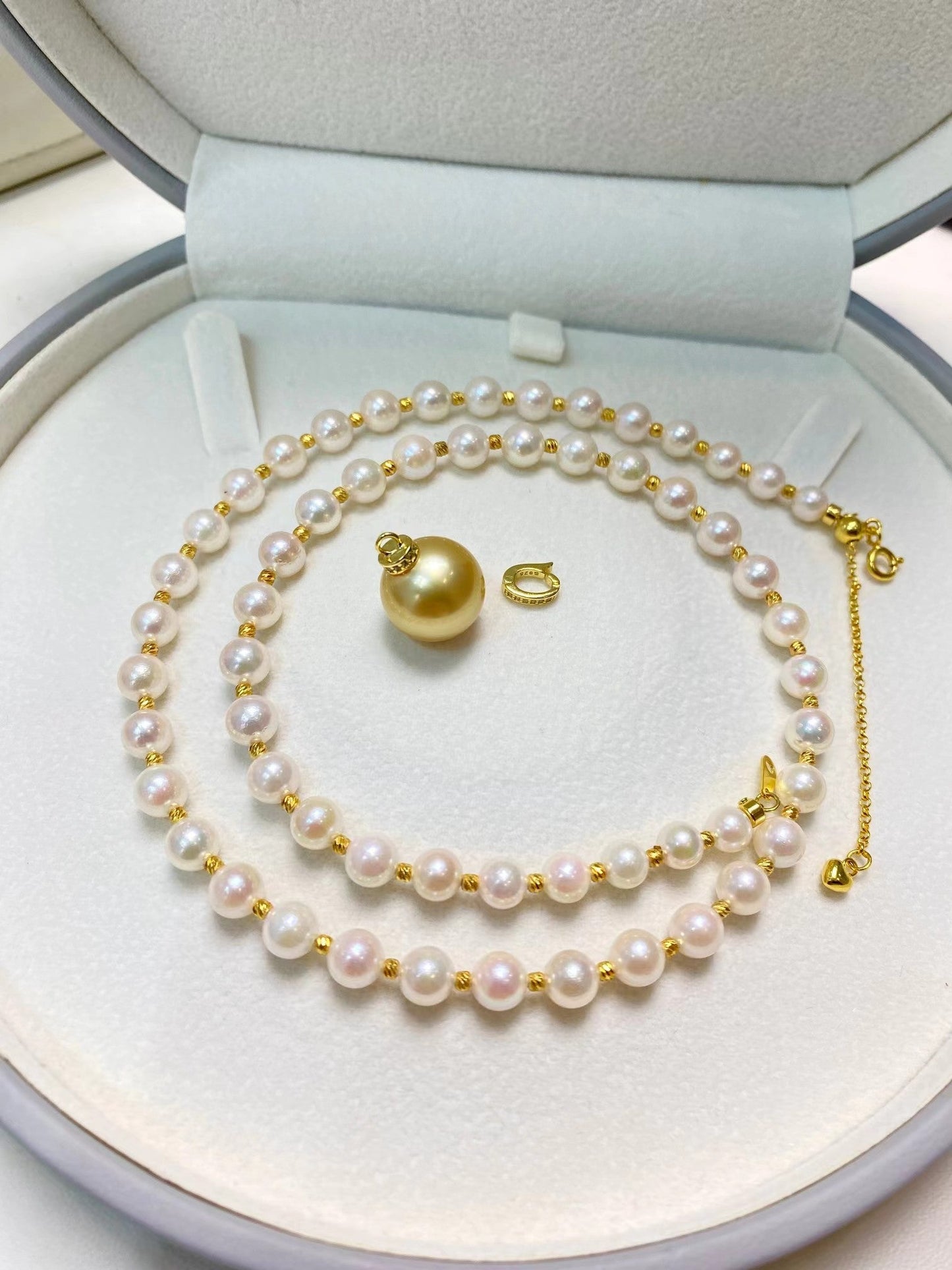 5-6mm Freshwater Akoya Pearl Necklace+12-13mm Golden Pearl Pendent, S925 Sliver Setting