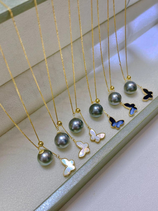 8-9mm Tahitian Pearl Y-chain Butterfly pendent, Solid 18k Gold Setting