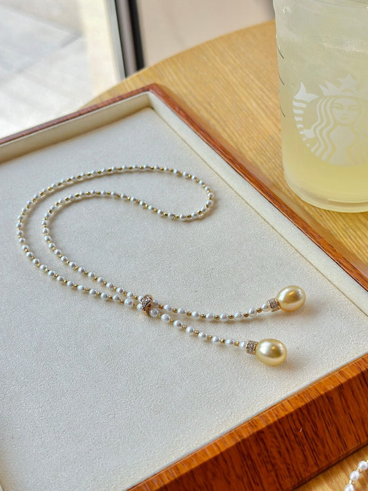 3-4mm Baby Freshwater pearls+10-11mm Baroque Golden Sea Pearl Necklace, S925 sliver Setting